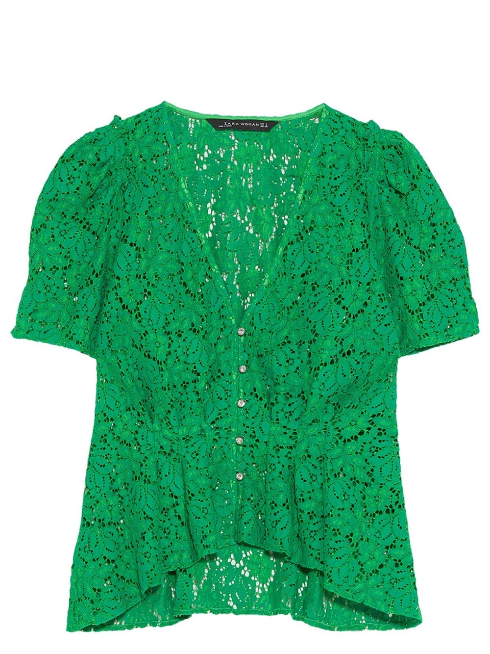 Zara Emerald Green Lace V-Neck Button Blouse